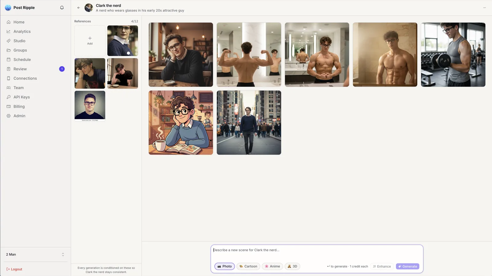 An AI character's page: reference photos on the left, generated scenes of the same persona on the right