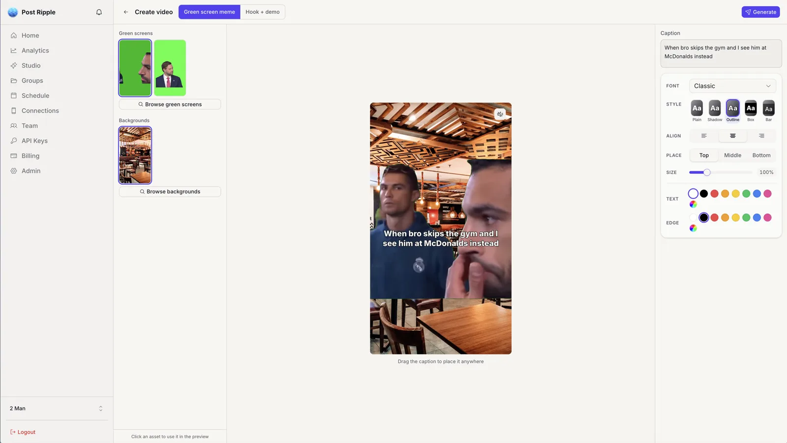Green-screen meme builder: subject keyed over a restaurant background with an outlined caption