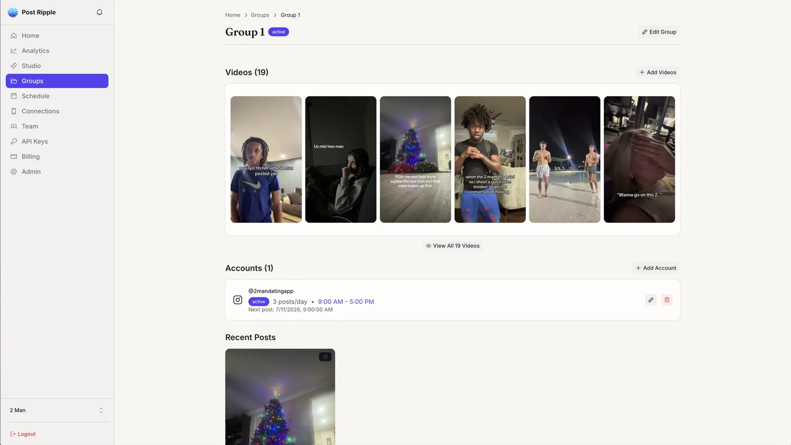 A rotation group: a library of clips and the account they auto-post to on a daily cadence