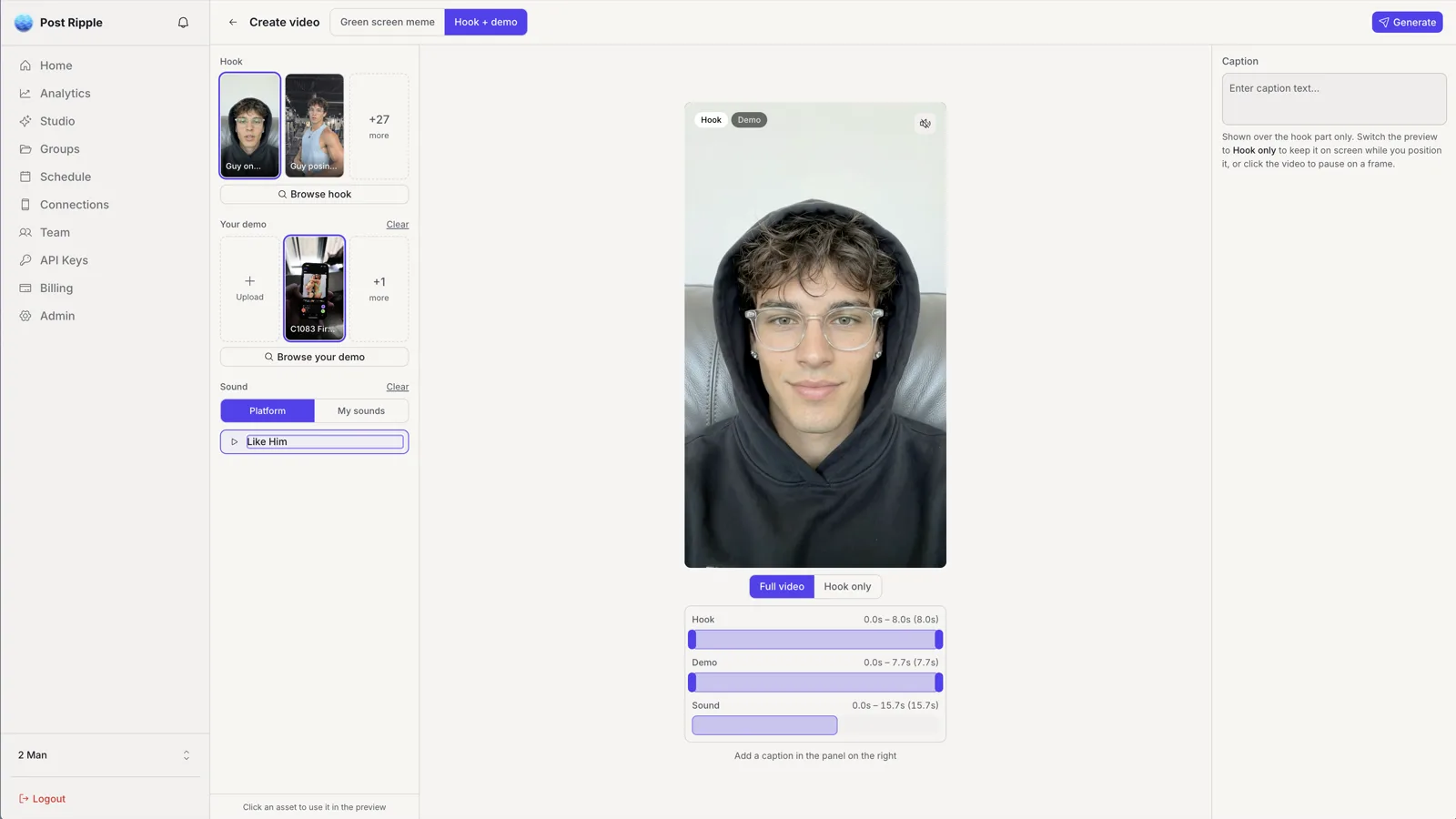 Hook + demo builder: UGC hook preview with caption styling, sound picker, and trim timelines