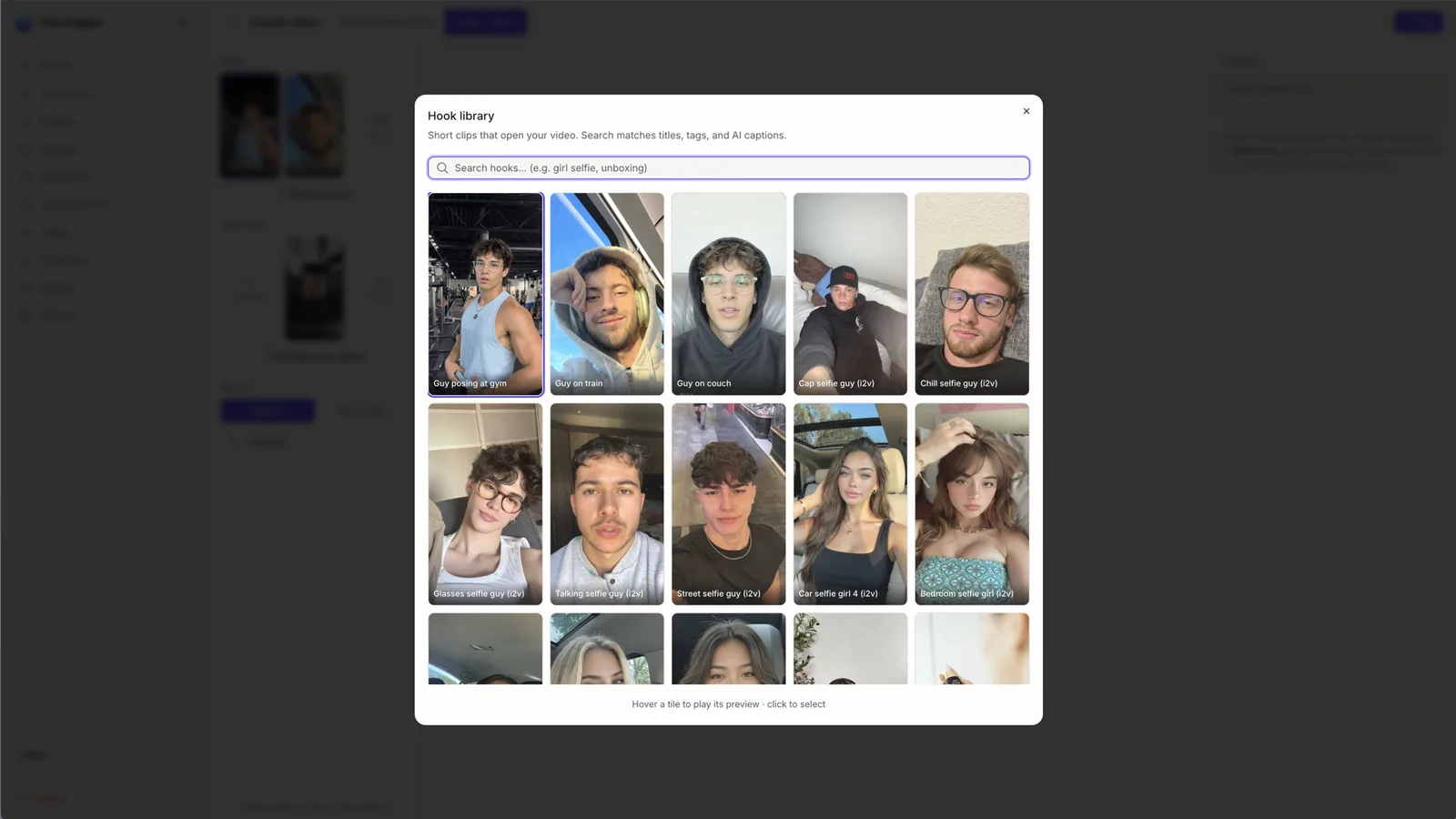 The hook library: a searchable grid of ready-to-use UGC opener clips