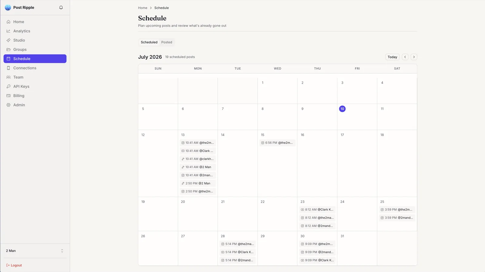 The Post Ripple schedule calendar with a month of posts queued across TikTok, Instagram, and YouTube