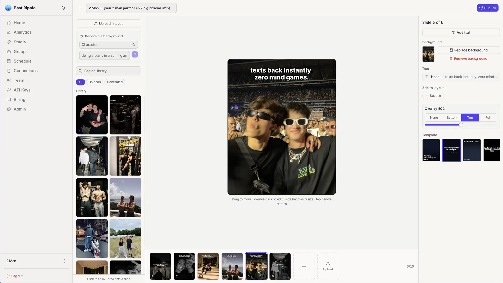 Slideshow editor in the Post Ripple studio: slide canvas, image library, and per-slide text styling