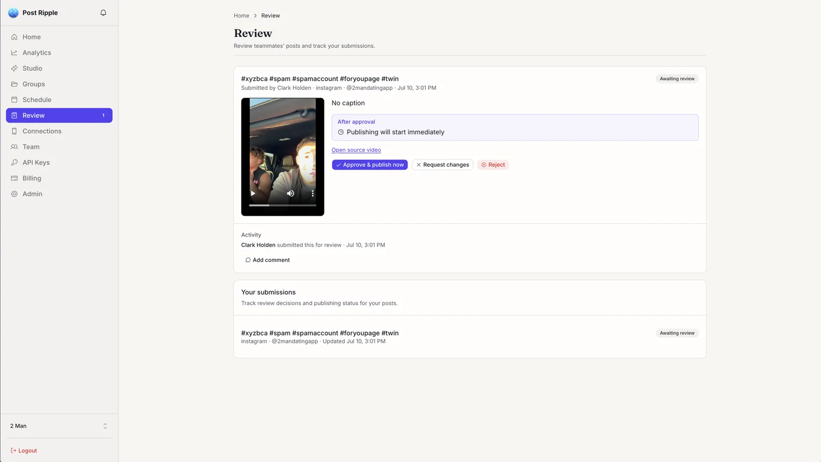 The review queue: a submitted post with approve, request changes, and reject actions plus an activity trail