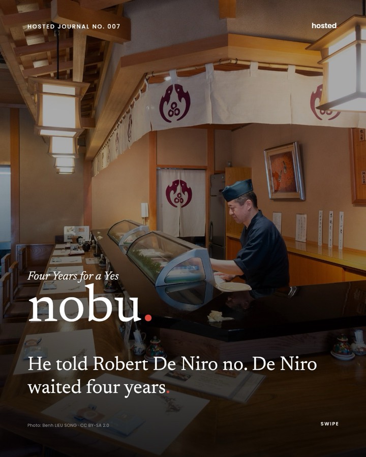 Hosted cover slide: the word nobu in large serif over a dim sushi counter